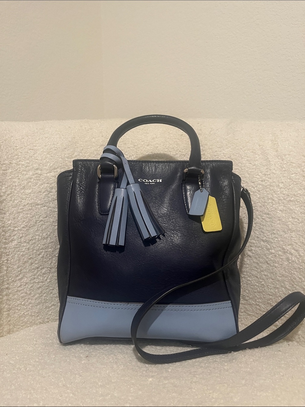 Coach Navy and Light Blue Leather Satchel with Tassel and Blue/Yellow Charm